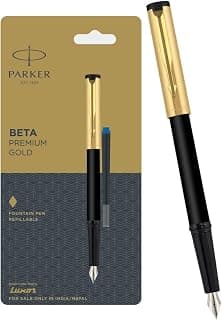 Parker Beta Premium Gold Trim Fountain Pen with 1 Ink Cartridge | Ink Color - Blue | Intutive Design | Comfortable Grip