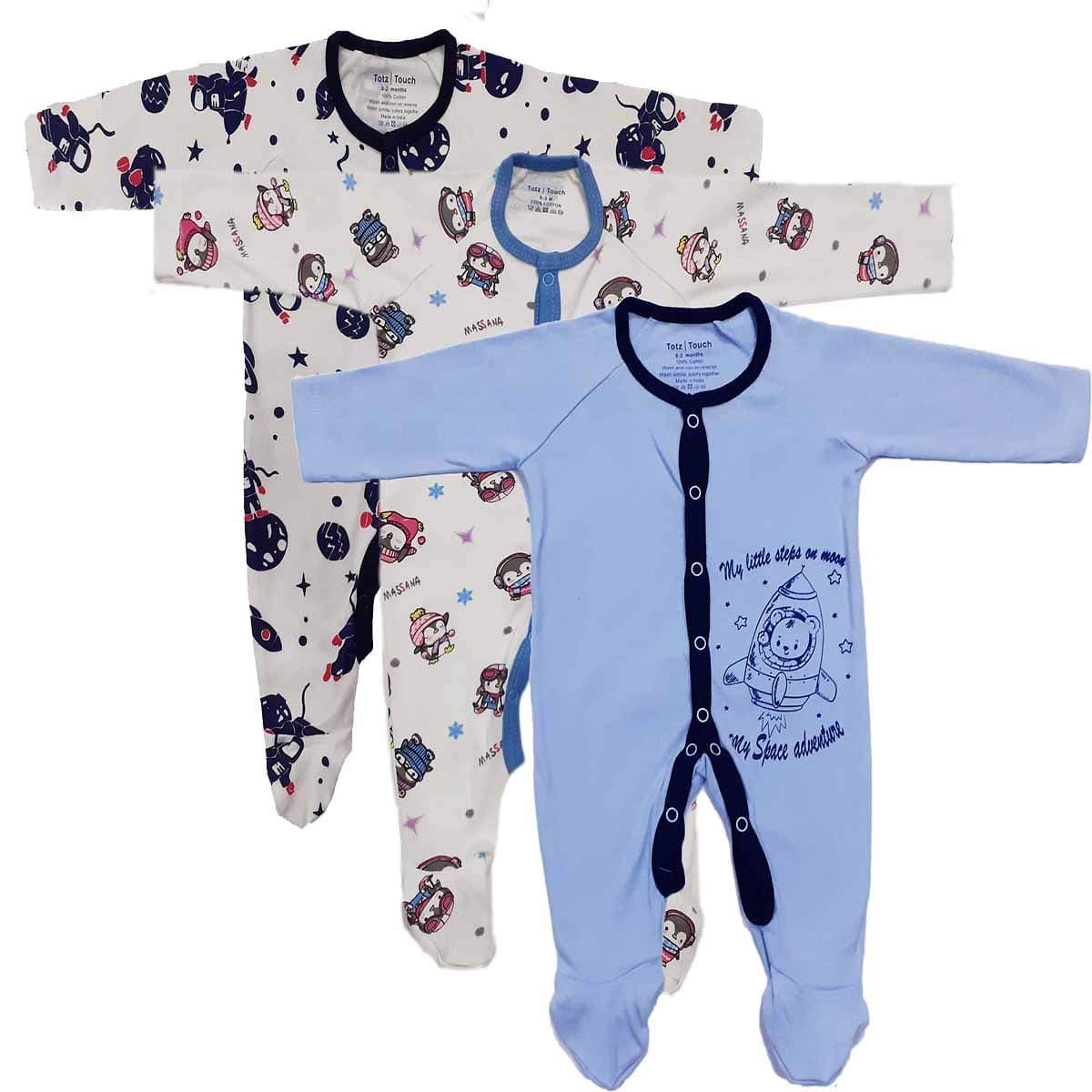 TotzTouch Premium Cotton BabySuits| Rompers | Onesies,Multicolored,Printed,Combo Pack of 3. (Blue Combo, 0 to 3 Months)