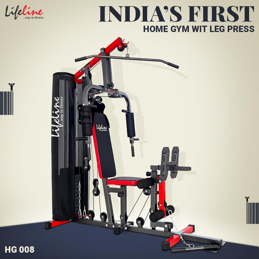 Lifeline Multi Home Gym Leg Press Machine HG 008 with Preacher Curl & Ab Crunch 72 Kg Weight Stack, Home Gym Equipment Strength Training Workout Gym Exercise Machine, Free Home Installation