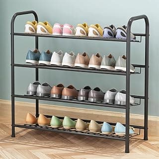 TARKAN Durable Steel Shoe Rack Storage Organiser with Slanted Shelves, Black (4 Tier)