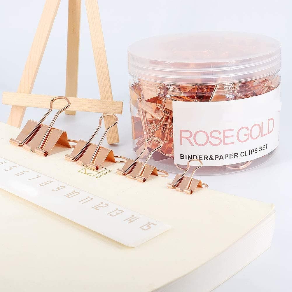 KLIFFOO 40pcs Binder Clips Rose Gold, Metal Paper Clips - Assorted Sizes, Binding Paperwork Clamp, Perfect for Holding Loose Papers | Ideal for School, Office & Home (Pack of 40)