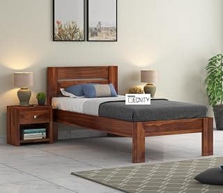 Yung Single Sheesham Wood Bed for Bedroom | Solid Cot Without Storage | Single Size | Bedroom Furniture (Light Brown)
