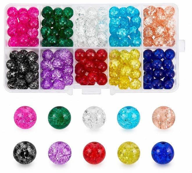 Beadsnfashion 200 Pcs, 20 Pcs Each 8mm Crackle Acrylic Round Beads 10 Multicolor Crystal Beads for Friendship Bracelets, Jewelry Making and DIY Crafts.