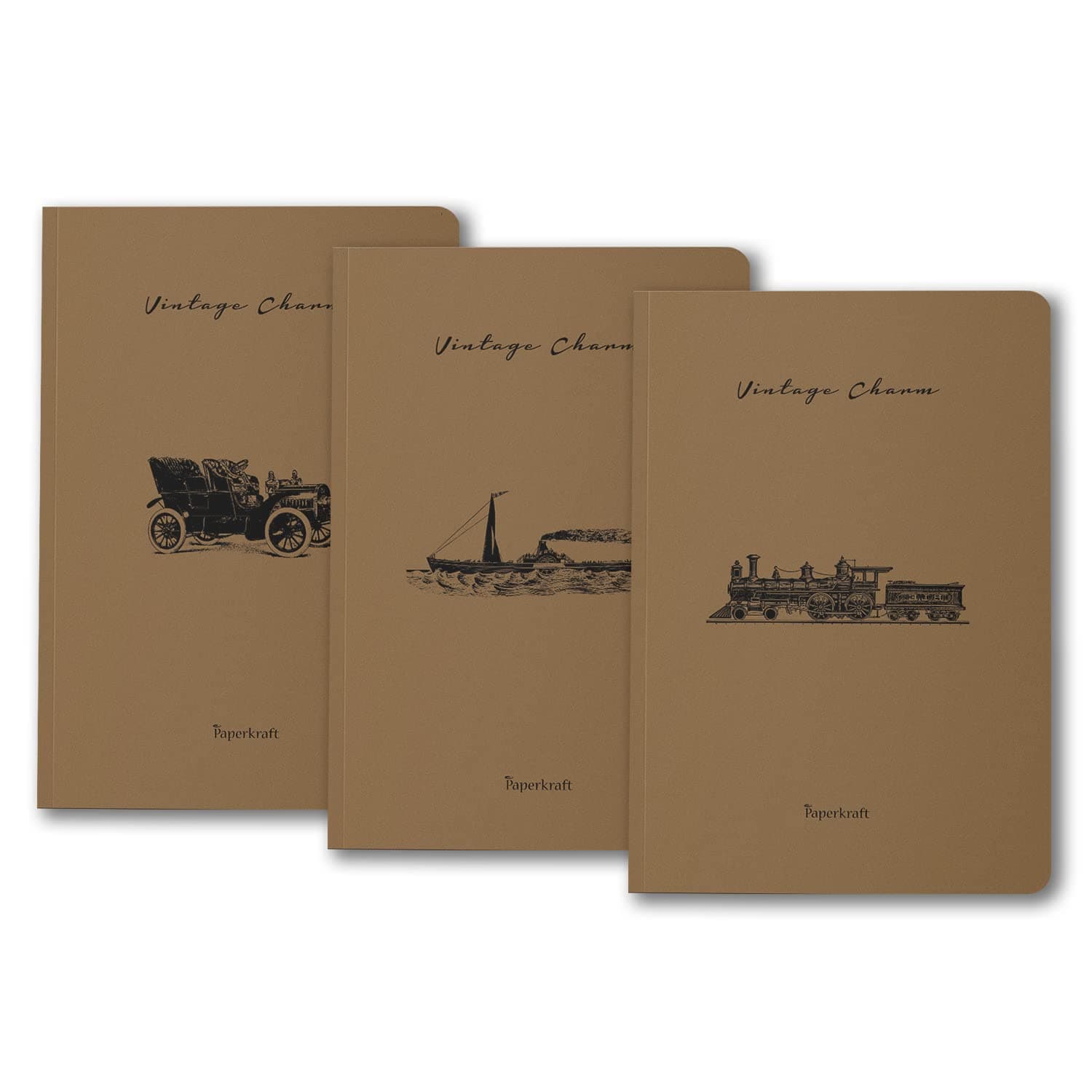 Paperkraft Vintage Series - Brown Kraft with Automotive theme : 210 mm x 148 mm,176 Pages, Unruled, Sewn & Perfect Bound, Pack of 3