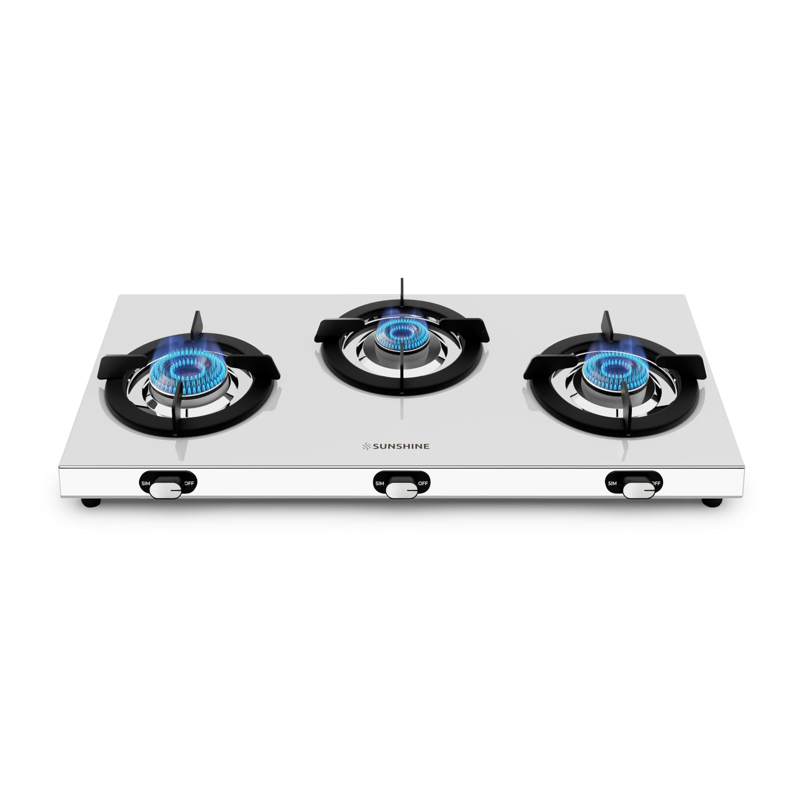 Sunshine Falcon 3 Burner Gas Stove | 5 Year Warranty on Burner and Body | 2 Year Warranty with Doorstep Service | ISI Certified | Manual Ignition | LPG Ready and PNG Compatible, (Silver)