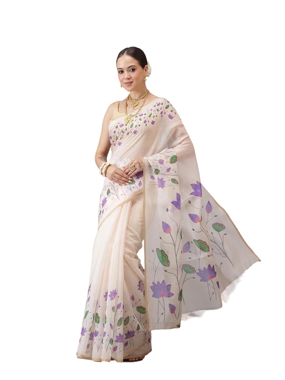 Amazon Brand - Anarva Onam Inspired Lotus & Checks Printed Chanderi Kasavu Saree With Printed Blouse