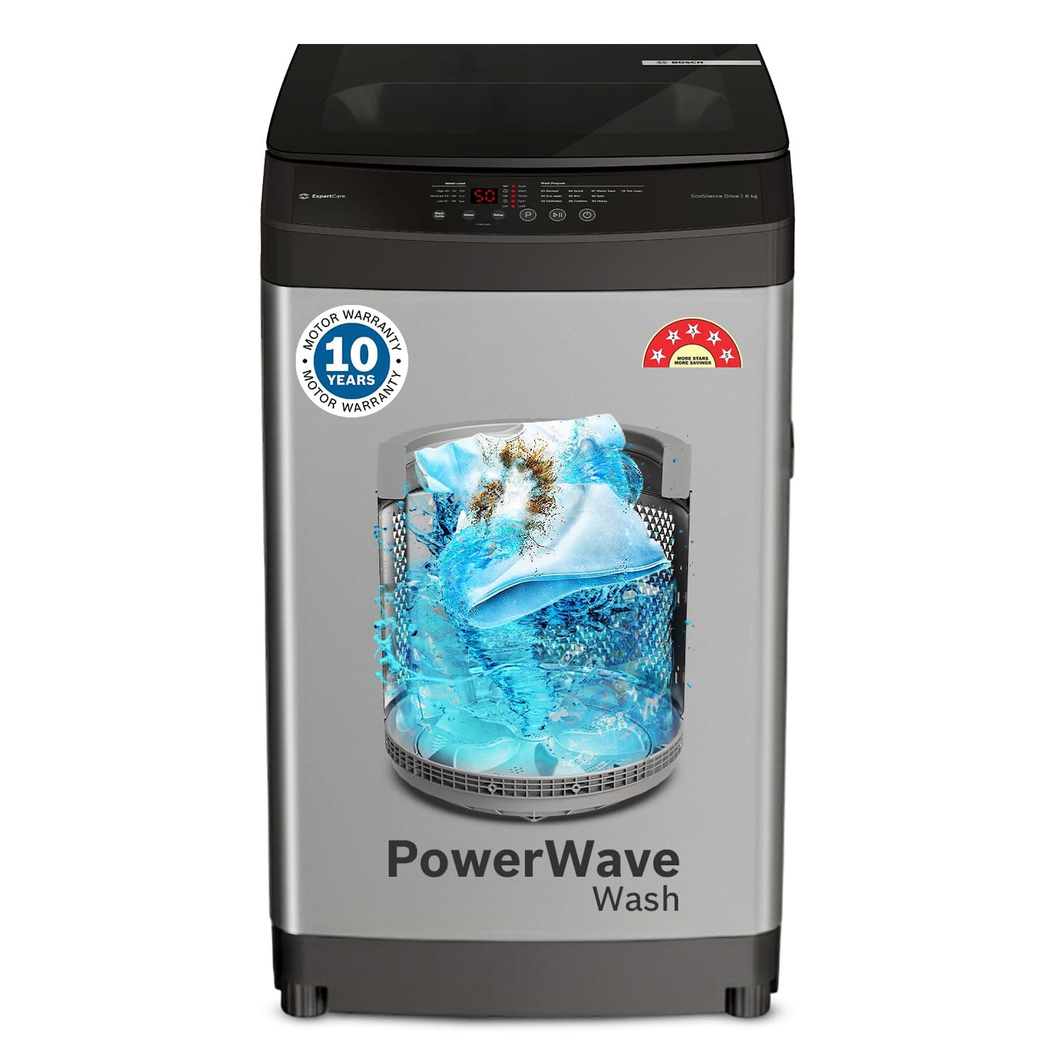 Bosch 8 kg 5 Star Fully Automatic Top Load Washing Machine,PowerWave Wash,Inbuilt Dual Lint Filter, Stainless Steel VarioDrum with 5 fin Pulsator, Flex Drain, Water Save,Dark Grey (WOE80AH0IN)