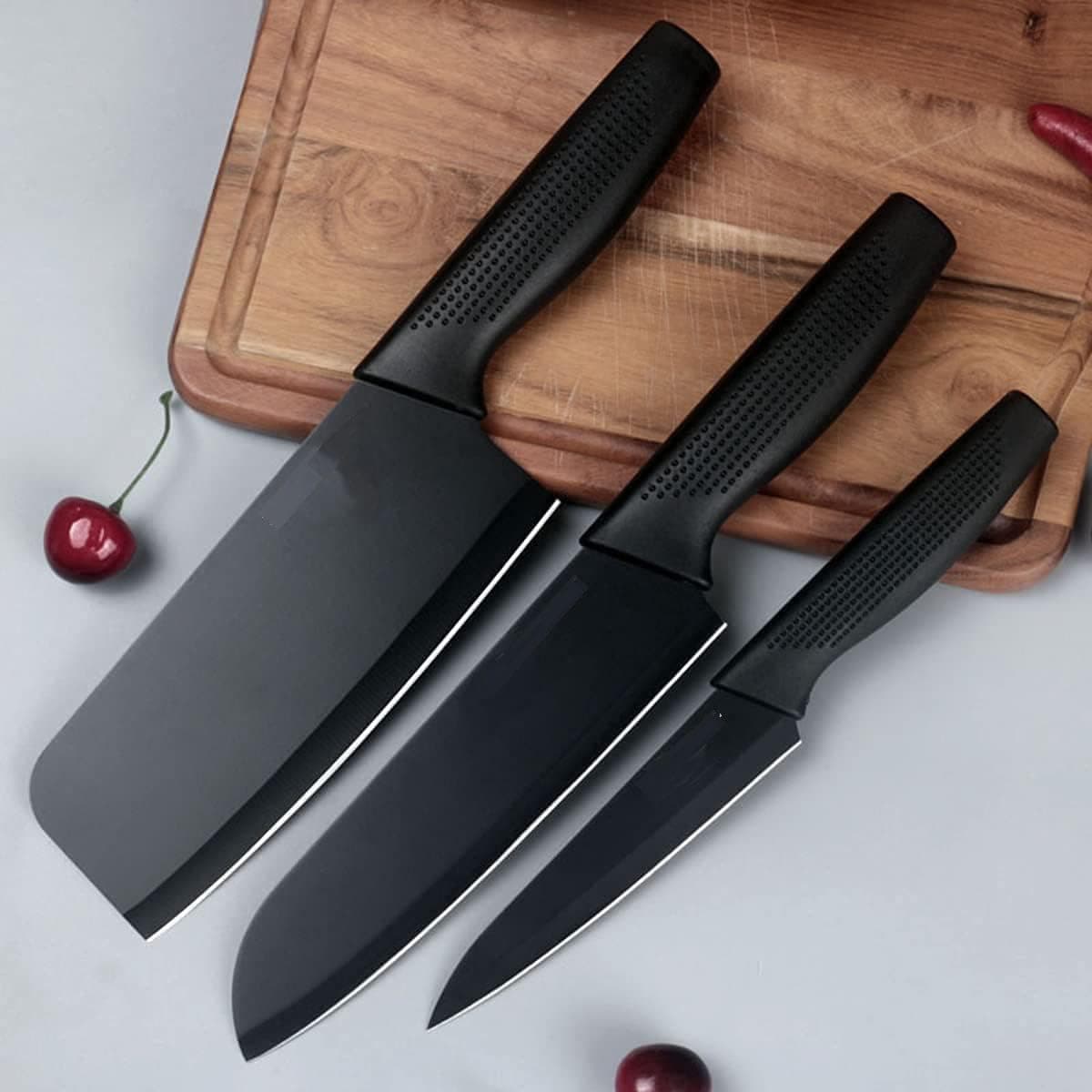 ECOBSY Stainless Steel 3 Pieces Professional Kitchen Knife Set Meat Knife Chef Knife with Non-Slip Ergonomic Handle Sharp Manual Sharpening for Home Kitchen High Carbon Knife Black Set(Black)