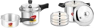 Pigeon Idly Maker 4 Plates Compatible with Induction and Gas Stove & Pigeon By Stovekraft Favourite Aluminium Pressure Cooker Mini Combo with Outer Lid 2, 3 Litre Capacity for Healthy Cooking (Silver)