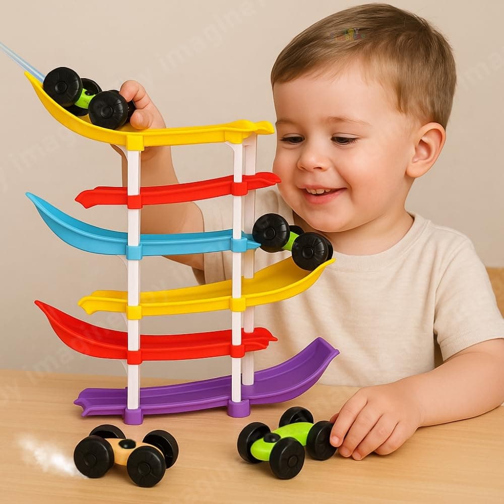Toy Imagine™ 6-Level Racer Ramp Track Toy for Kids | 6 Colorful Ramps & 4 Mini Cars | Montessori Educational Vehicle Toy for Toddlers Age 1–3 | Indoor Racing Game for Boys & Girls