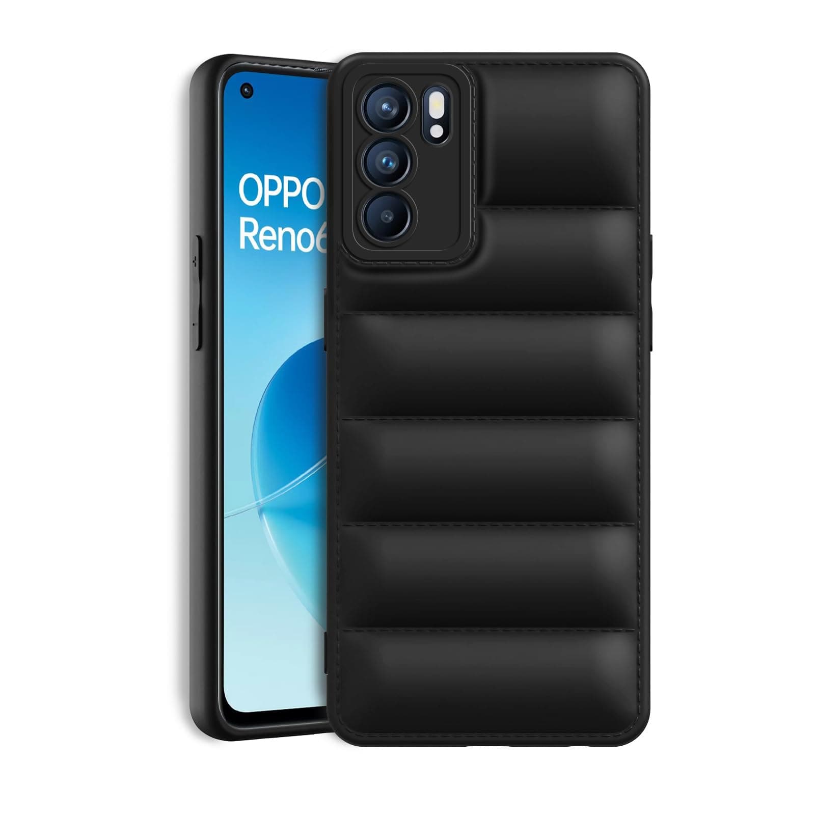 Amazon Brand - Solimo Rubber Puffer Case Camera Protection Soft Back Cover for Oppo Reno 6-Black