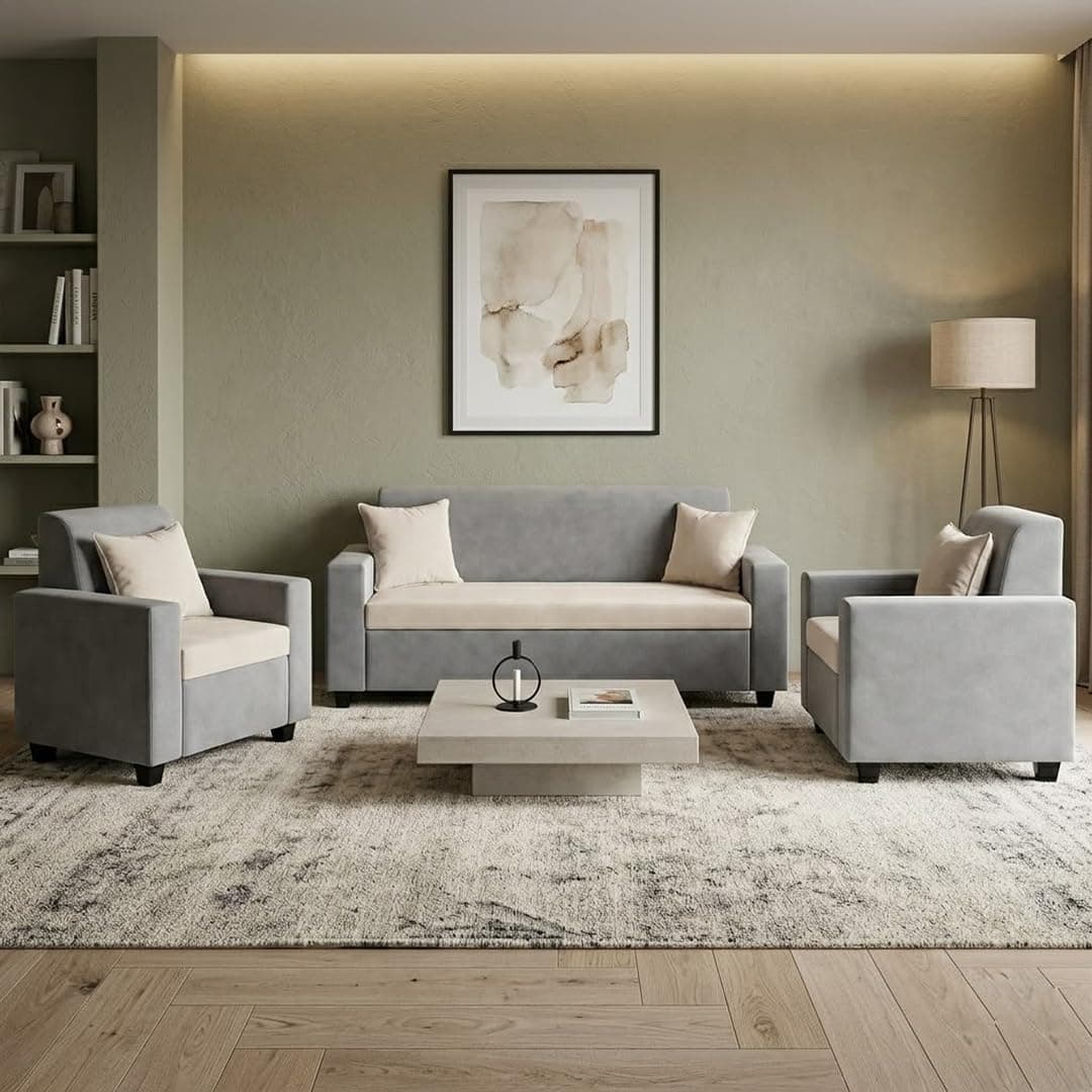 FURNY QualityWood 3 Seater + 1 Seater + 1 Seater Fabric Sofa Set (Cream-Light Grey) with Velvet Finish | Durable Comfort | Ideal for Living Room