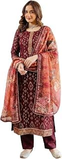 GoSriKi Kurta Sets for Women Viscose Printed | Kurti Set for Woman | Straight Kurta Pant Dupatta Set | 3 Piece Set Women | Round Neck 3/4 Sleeve Regular Fit Stylish Ethnic Outfit Clothing