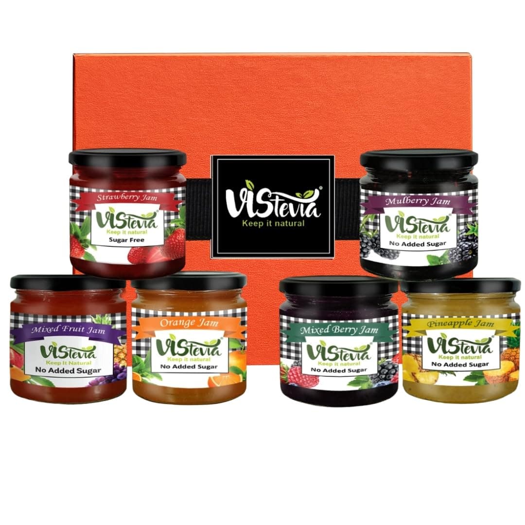 VISTEVIA Gift Hamper of Sugar Free Jam, Diabetic & Keto Friendly – Sweetened Naturally with Stevia, More Than 60% Fruit Content, Delicious Taste (Pack of 6 x 45g)