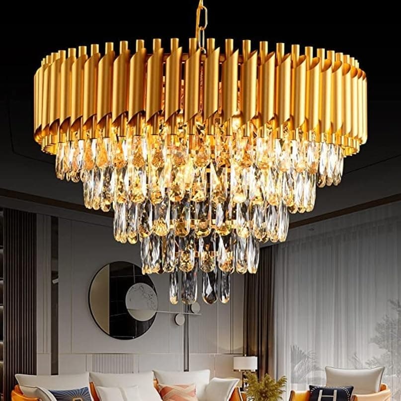 Zingy Modern Ceiling Lamp 5-Tier Round Crystal Chandelier for Living Room | Modern Ceiling Light Jhumar for Hall for Home Decoration + 3 Color LED Light (Full Gold, 600MM)_F