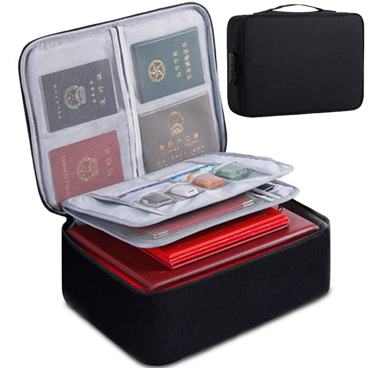 Handcuffs File Organizer with 3-Digit Password Lock, Multi-Layer Document Storage Bag with Handle & Zippers, Office & Travel Use (Black)