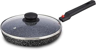 Amazon Brand - Solimo Non-Stick Fry Pan with Glass Lid with Detachable Handle | Granite Finish | Induction Base | PFOA Free | High Temperature Resistant Exterior Coating | 22 cm | Black