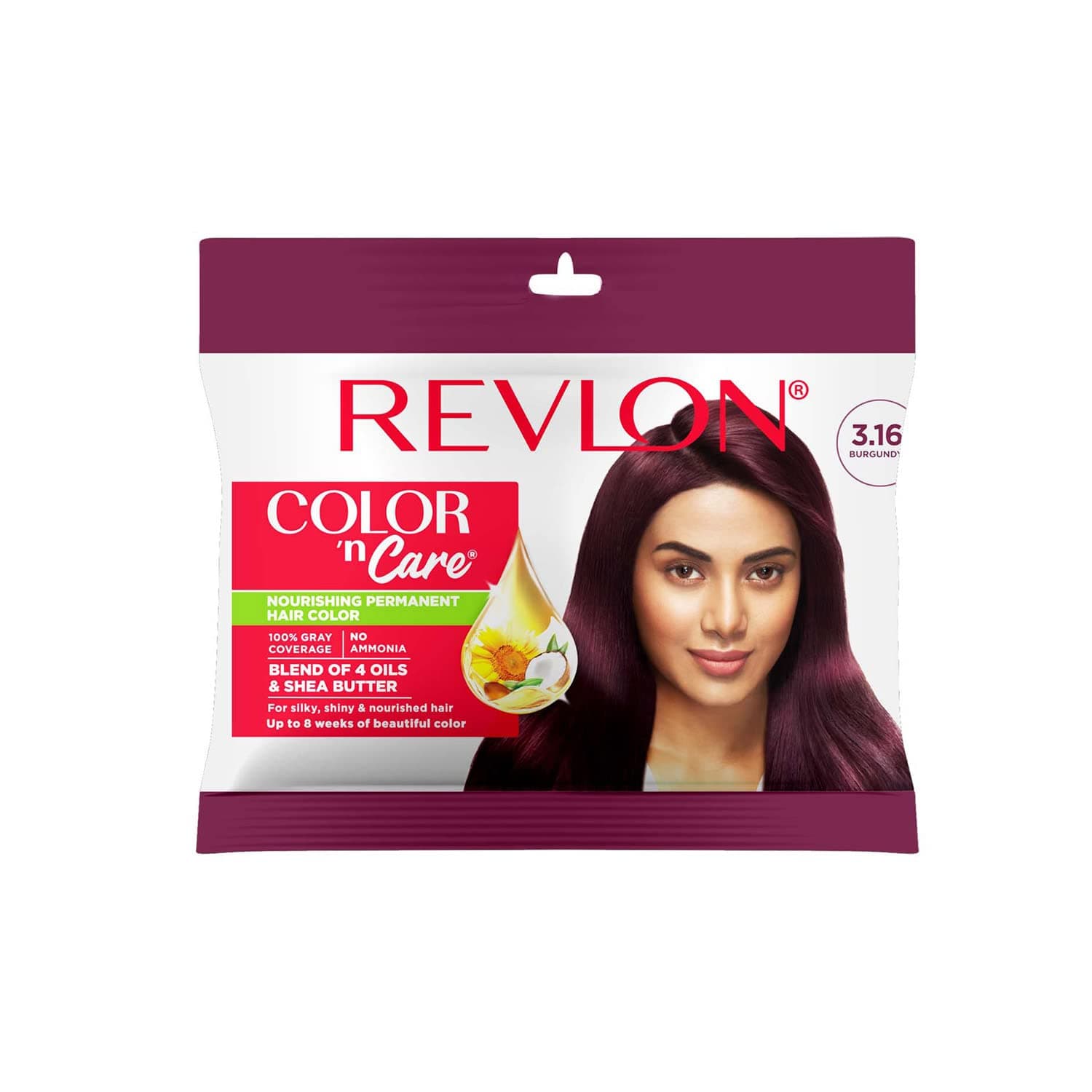 REVLON Color 'n Care NOURISHING PERMANENT HAIR COLOR - 3.16 Burgundy - Has essentials oils of Coconut Argan, Sunflower & Jojoba oil, along with shea butter - Sachet