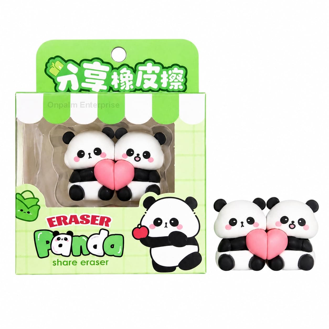 Onpalm Enterprise Cute Paanda Eraser Set (2 Pcs) with Gift Box | Kawaii Split Heart Design | Non-Toxic Soft Rubber Erasers for Kids School Supplies Return Gifts Stationery Items for Girls Boys
