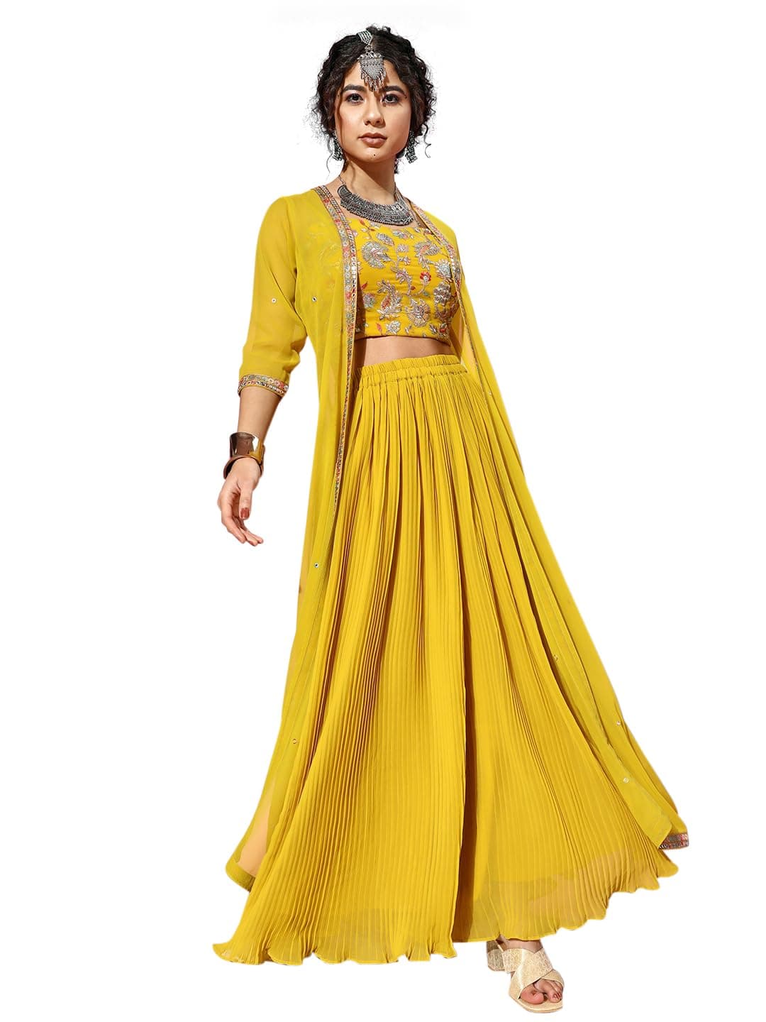 TRENDMALLS Women's Georgette Embroidery Sequence Work Crop Top with Flared Palazzo and Shrug Set Ethnic Salwar Set