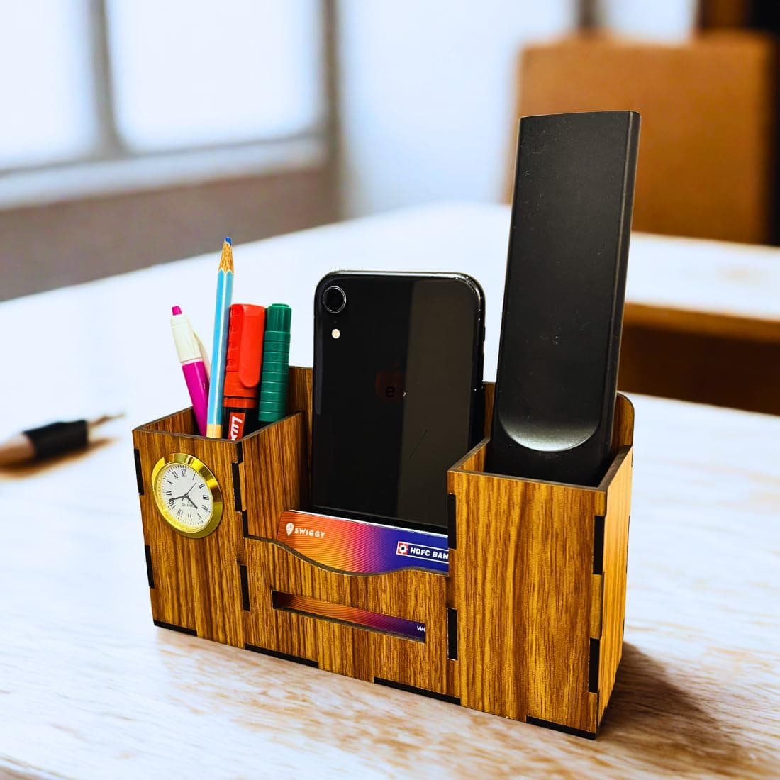 Zesta Wooden Desk Organizer Pen Stand Remote Holder Card Slot | Table Accessory Office Desk Study Room | Pencil Storage Stand Stylish Workspace Décor (Organiser Clock)