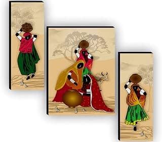 SAF Set of 3 Rajasthani Village Ladies Modren Art UV Textured Home Decorative Gift Item MDF Painting 12 Inch X 18 Inch SAF-JMS6727(color2,Religious;Figures;Floral)