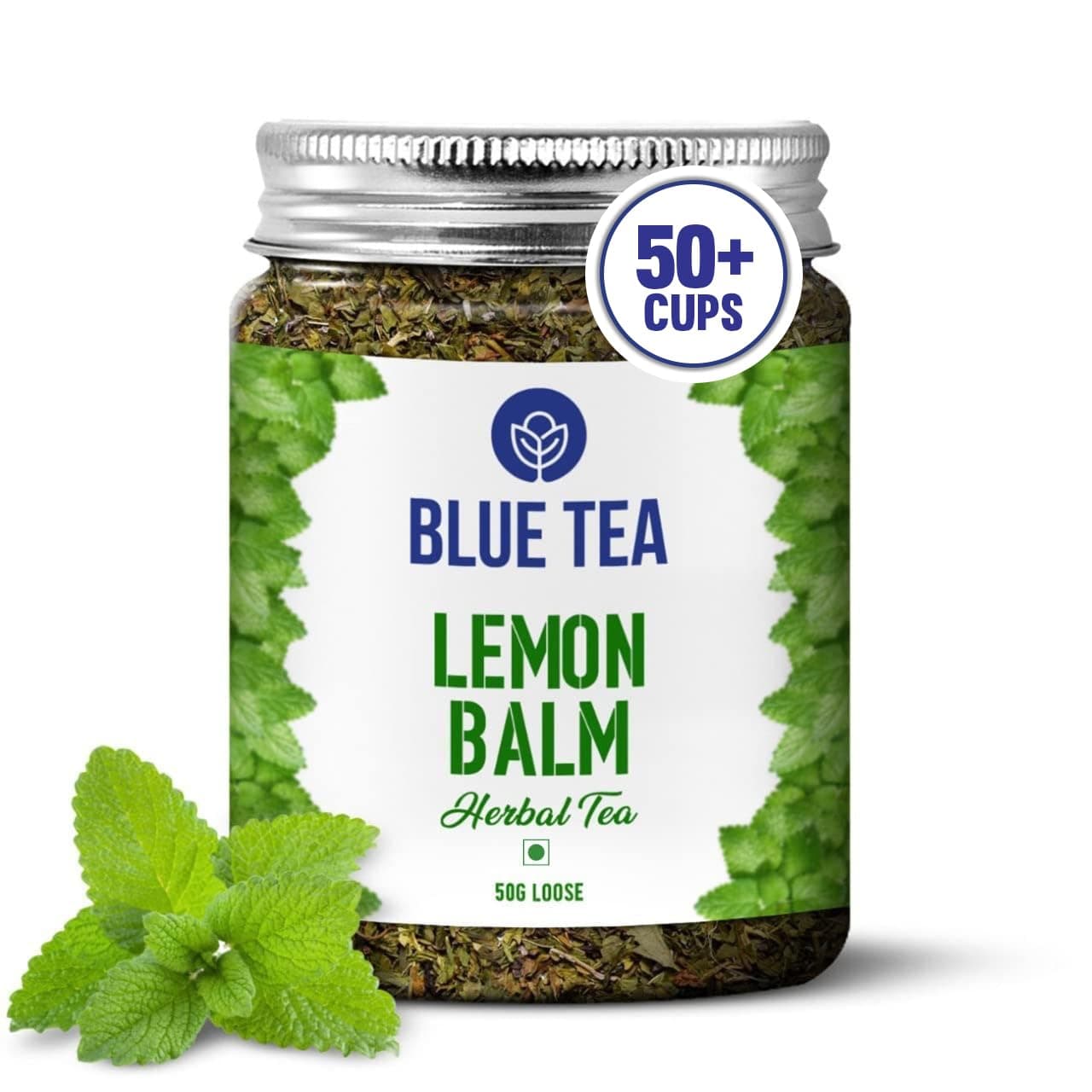 BLUE TEA - Lemon Balm Tea - 50gm - 50+ Cups | RELIEVES STRESS | REDUCES BLOATING | IMPROVES DIGESTION | Leaf Based - Caffeine Free - Relaxing | Reusable Pet Jar