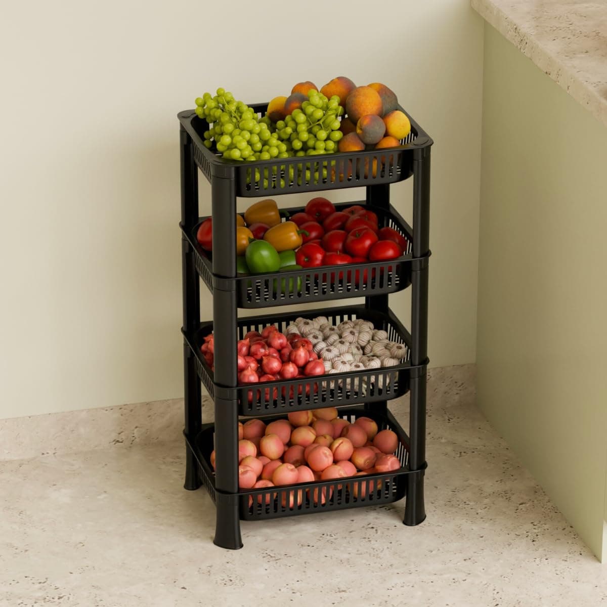 Biltoxi Multipurpose Plastic Kitchen Rack with Baskets | Vegetable & Fruit Storage Stand | Strong & Durable Organizer for Kitchen, Bathroom & Utility (4 Layer, Black)