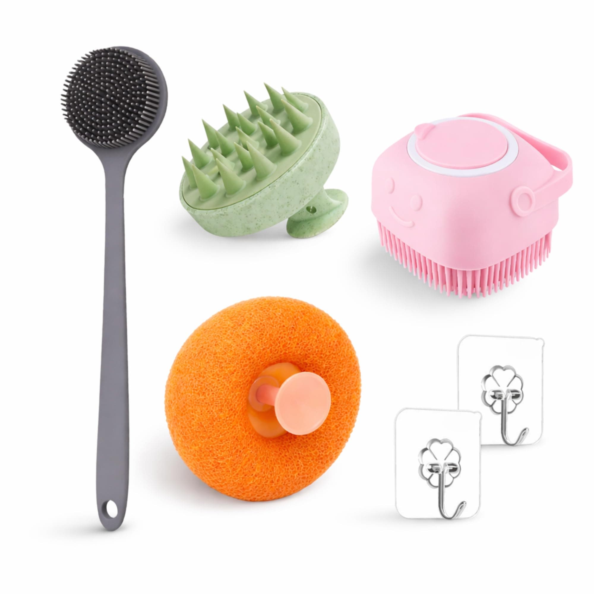 HARKOIZ Bath Accessories Combo 6 Pcs | Long Handle Back Brush, Shower Scrubber with Soap Dispenser, Scalp Massager Shampoo Brush, Exfoliating Loofah Sponge & Bathroom Hooks | Shower Accessories Set for Men Women