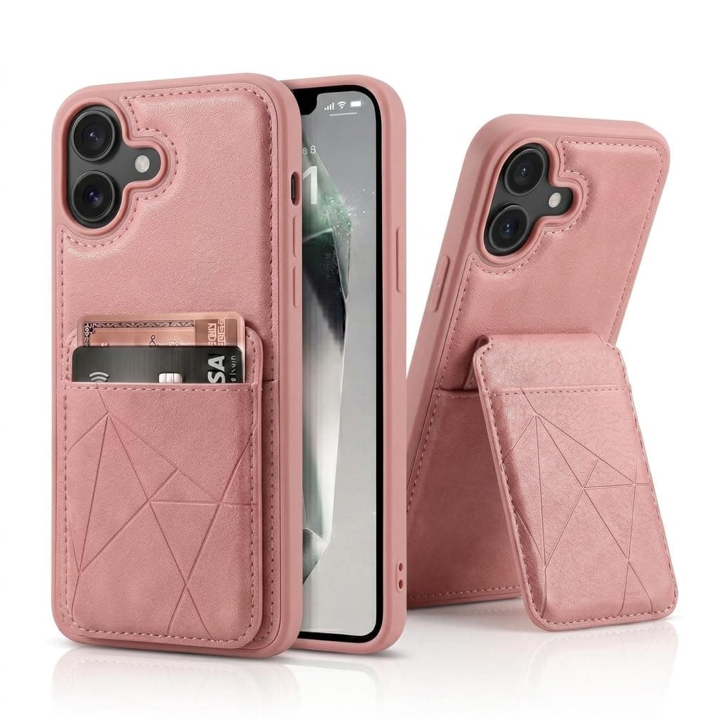 amazon basics Premium Vegan Leather Back Cover with Card Holder and Integrated Mobile Stand for iPhone 17 – Slim Shockproof Wallet Case with Geometric Stitching [Pink]