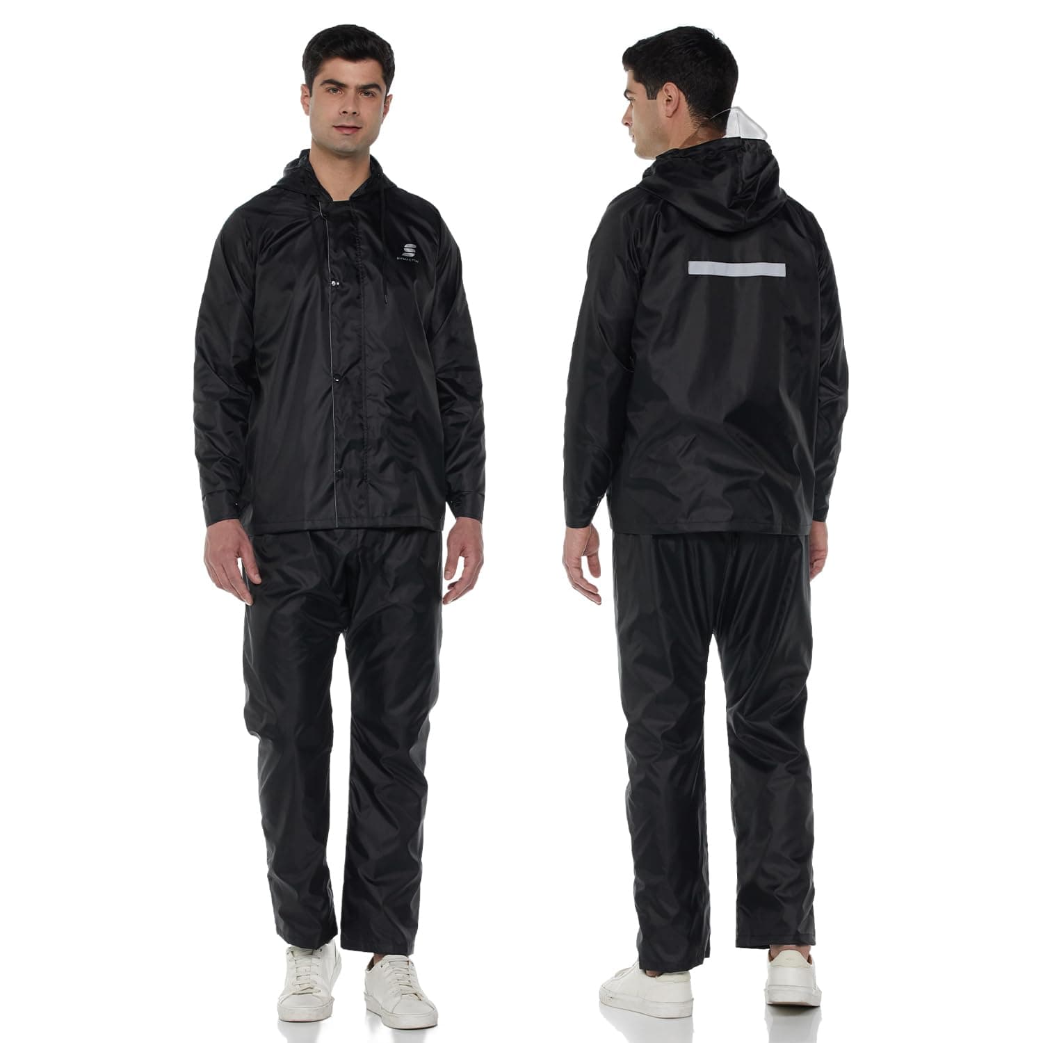 Amazon Brand - Symactive Reversible Raincoat Set with Carry Pouch | Hood Jacket and Pant | Polyester Shell with Heat Sealed PVC Lining | Adjustable Button Cuffs | Plastic Peak Hood | Black, M