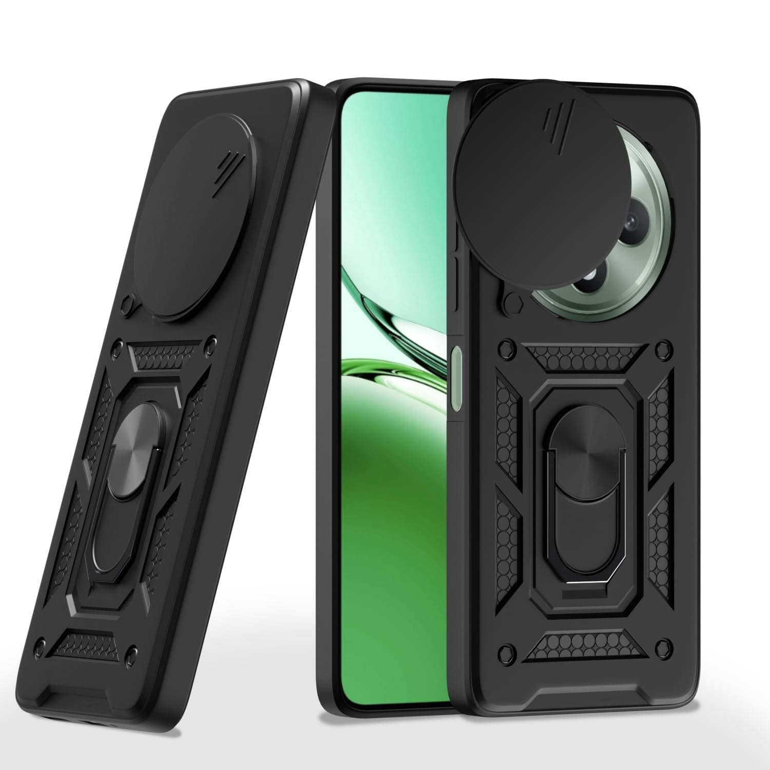 Amazon Basics Back Cover for Oppo F27 5G|360 Protection Case|Sliding Camera Sheild Cover & Ring Holder Stand Back Cover|D10 Tough Armor Bumper Case (Black)