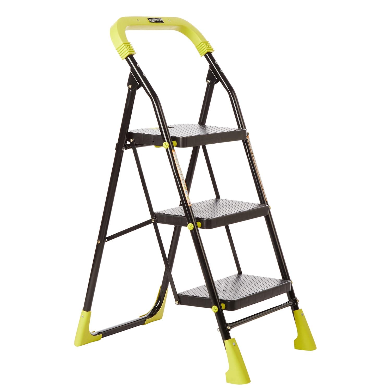 Amazon Basics Dynamo - Foldable Step Ladder, Safety Clutch Lock, Anti Slip Steps, Knee Guard, Anti Skid PVC Shoes, 3 Steps (Steel, Black & Lime Green)