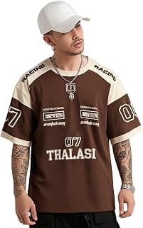 THALASI Men Cotton Jersey Aesthetic Oversized T shirts for Men | Sports Jerseys T-shirts & Half Sleeve Round Neck Printed Tshirt for Mens - Down Shoulder Loose & Baggy Fit Korean T shirt for Man & Boy