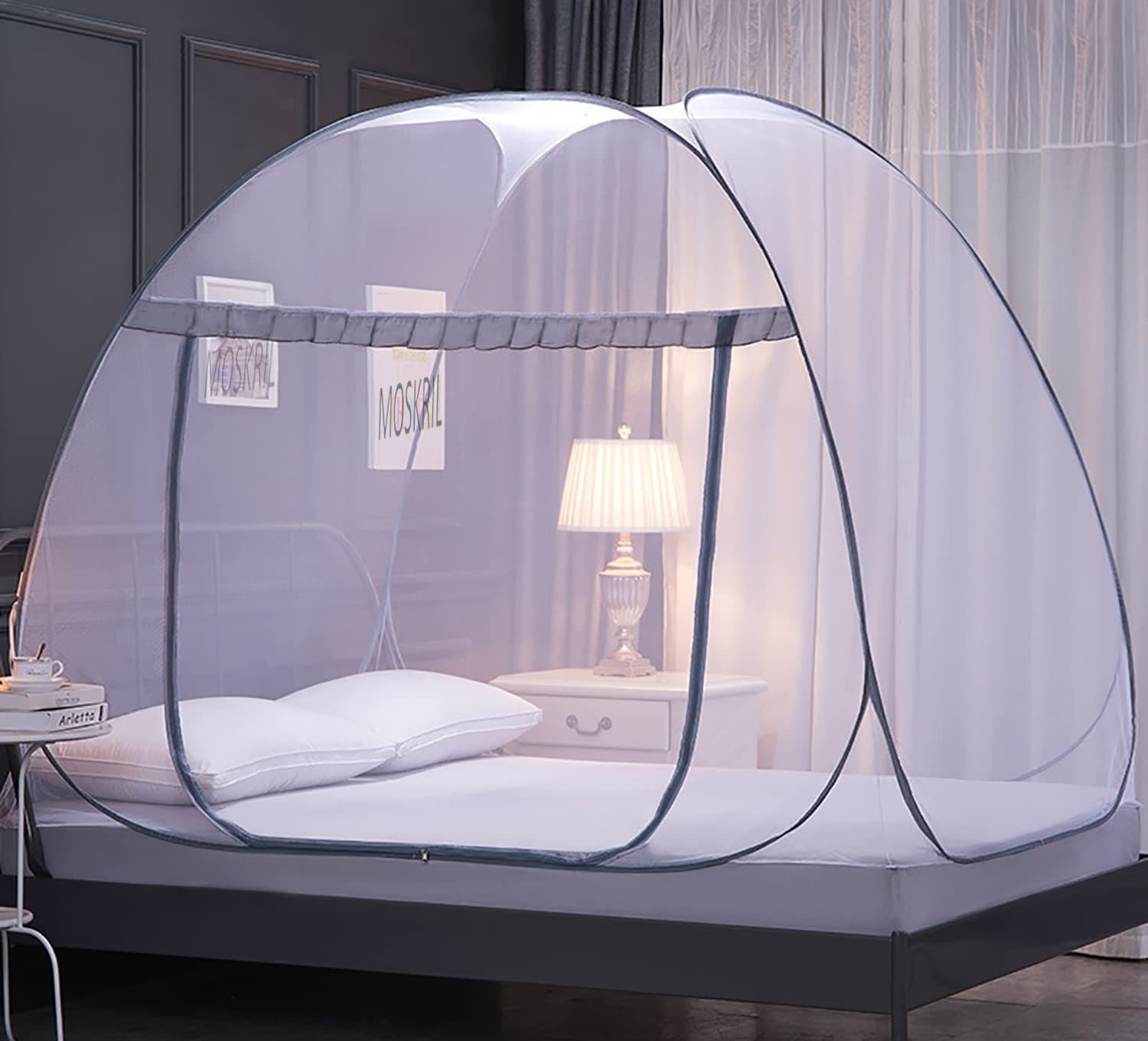 MOSKRIL Mosquito Net for Double Bed I King Size Machardani for Adult | Kids | Baby, Corrosion Free Steel Frame, 30 GSM Double Yarn Bright White Net with Saviour Kit-(King Size,200X200X145 Cm,Grey)