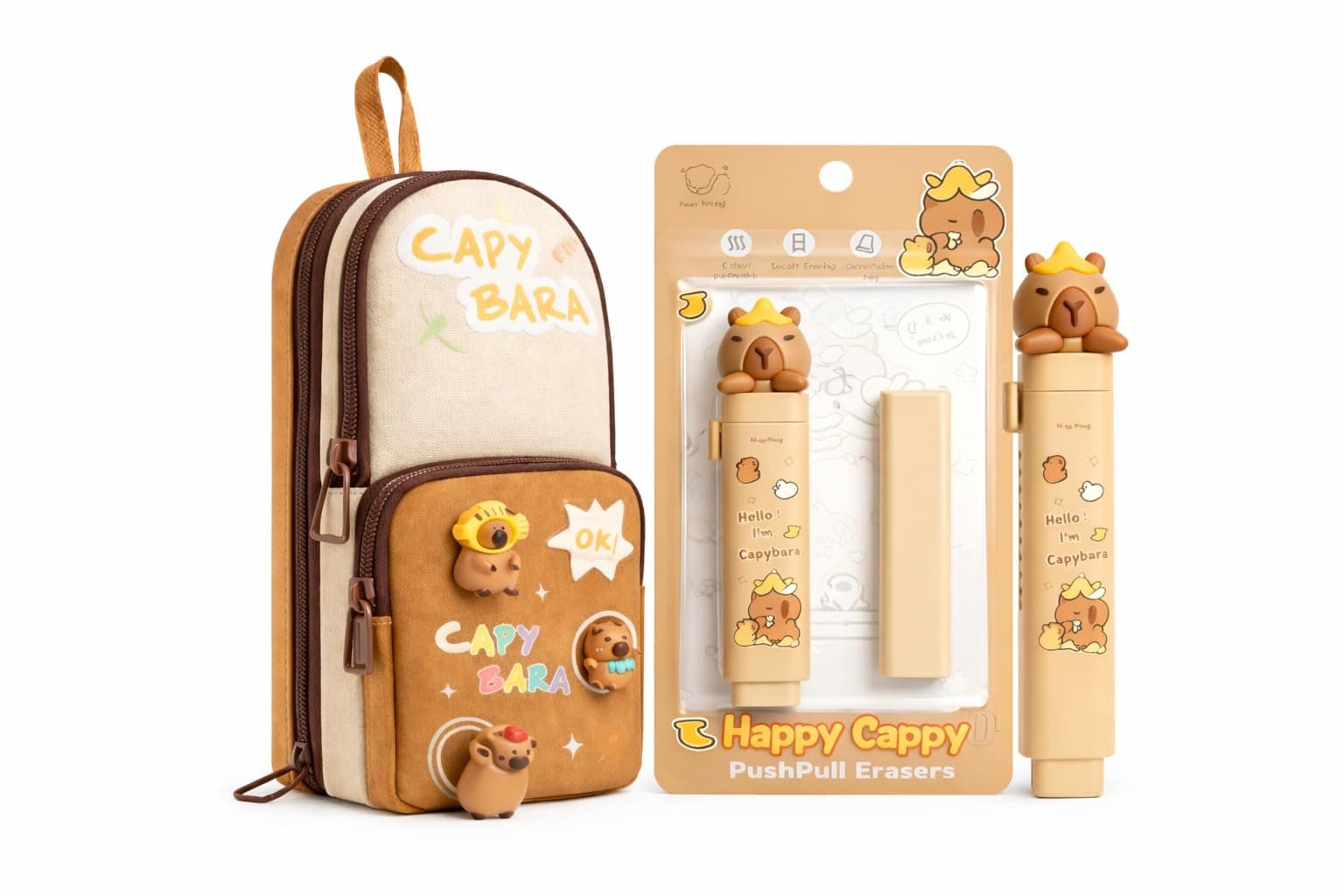 Parshya Cute Stationery Set | Aesthetic Multi-Layer Pencil Pouch with Charms & Push-Pull Eraser | Kawaii School/Office Supply Gift for Kids, Girls