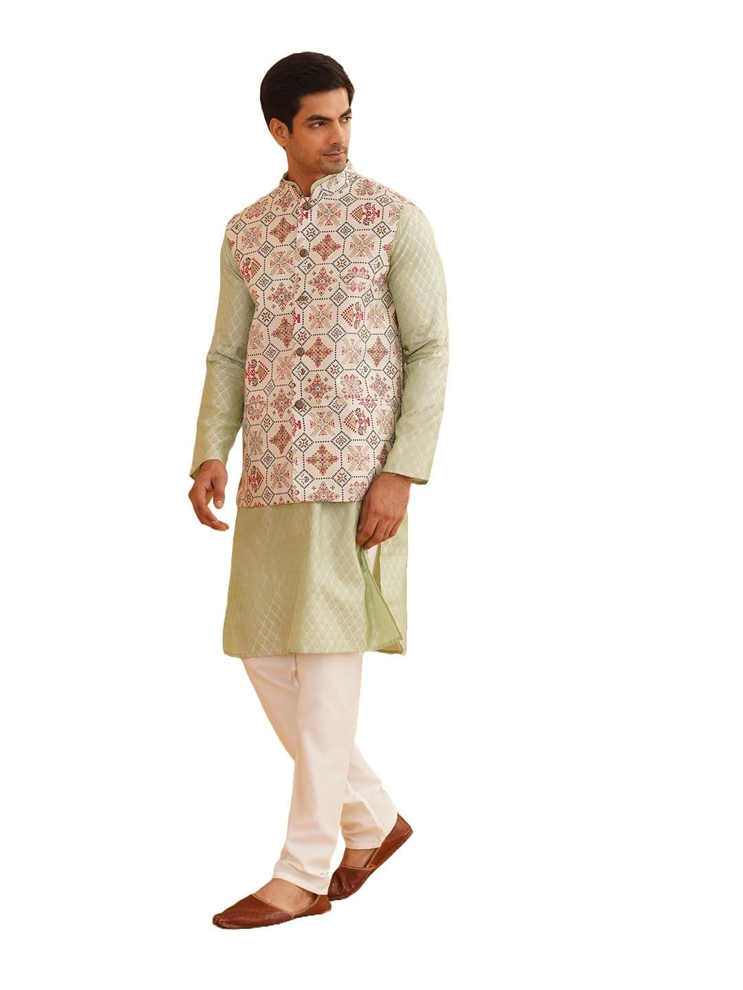 SOJANYA (Since 1958 Men's Silk Blend Self Design Pista Green Kurta With Pyjama & Cream Nehru Jacket