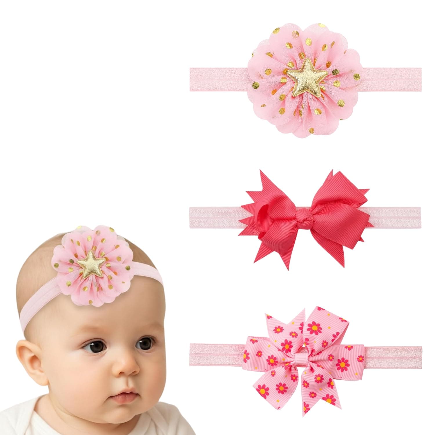 ANNA CREATIONS 3 Pcs Baby Headbands for Baby Girl, Soft Stretchy Hair Bands with Flower and Bow Design, Comfortable and Cute Hair Accessories for Newborn, Infant and Toddler Babies