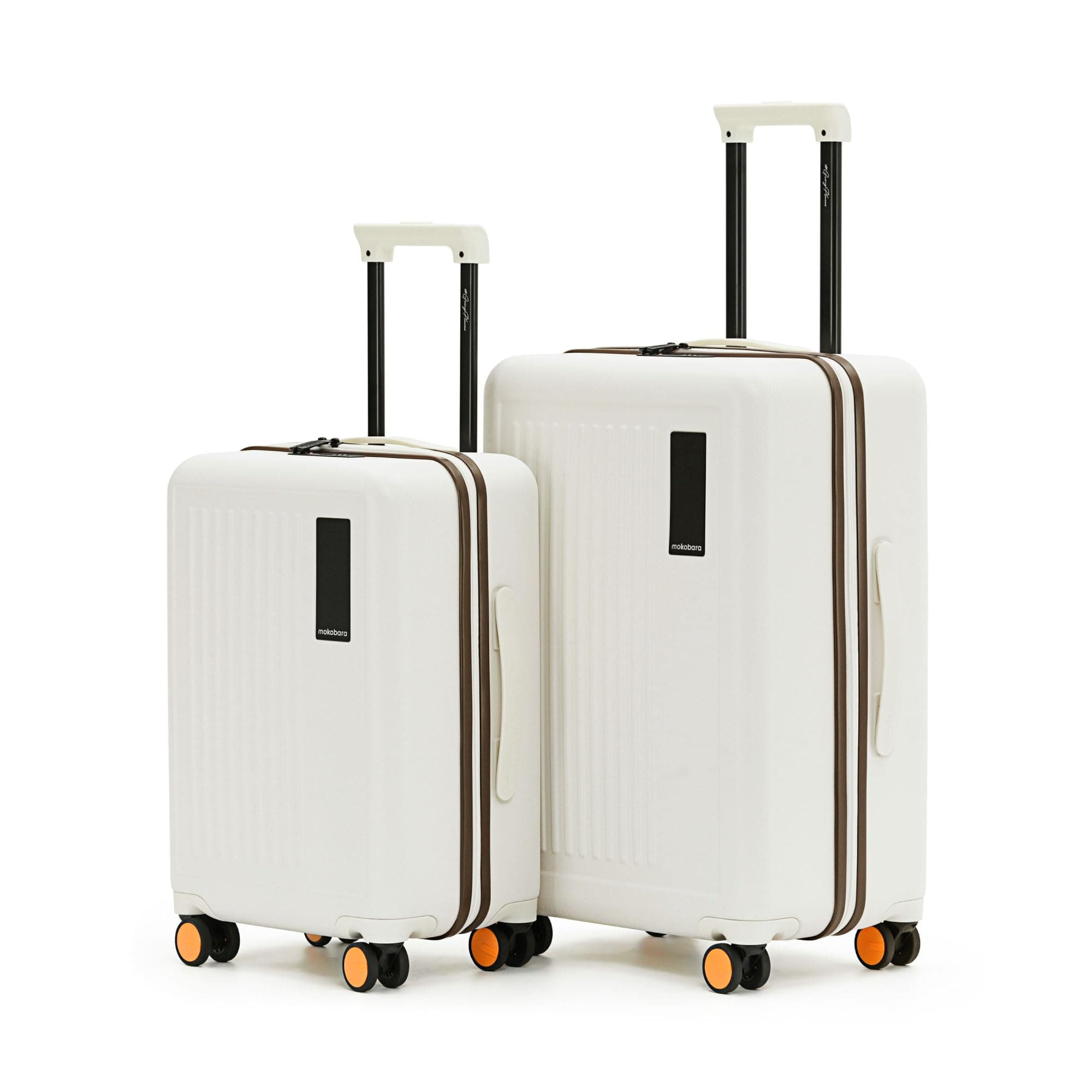 MOKOBARA Transit Set of 2 Luggage Trolley Bag,Cabin(40L)+Check-in(65L),Polycarbonate Hardshell,360°Silent Wheels,TSA Lock,Premium Zipper,Suitcase for 18-21 Day Travel,White(Still Loading Brownray)
