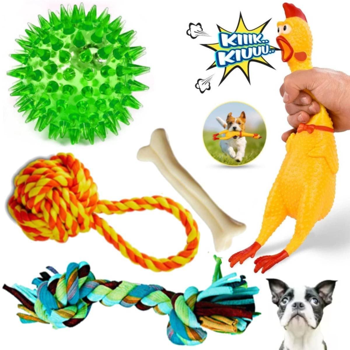 PSK PET MART Dogs Squeaky Squawking Chicken Rubber Dog Toys with Sound | Handle Rope Ball Toy | 2 Knot Rope | Spike Ball | Nylon Bone | Toys for Puppies - Multicolor (Pack of 5)