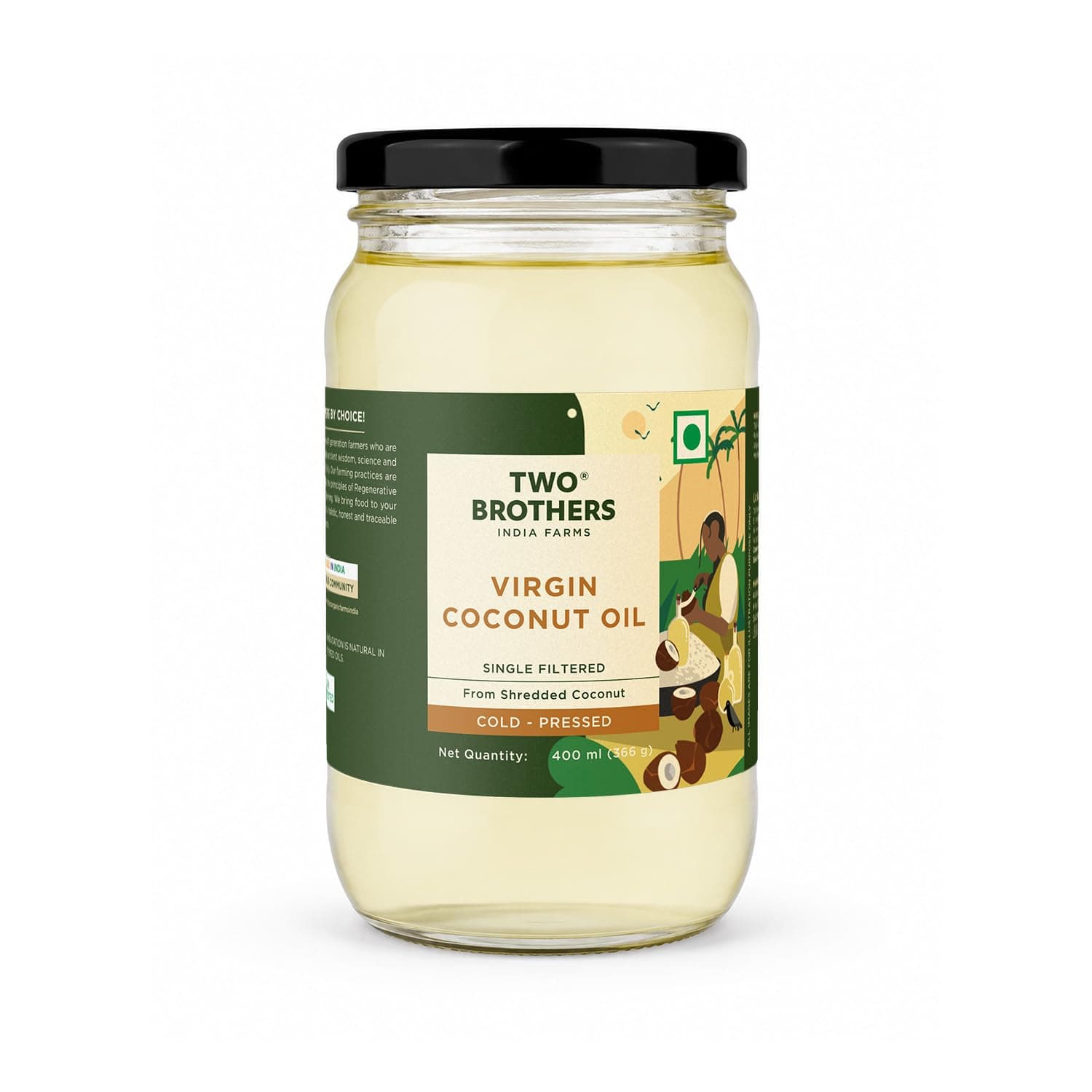 Two Brothers India Farms | Virgin Coconut Oil 400ml | Single Filtered | Contains Antioxidants | Made with Shredded Coconut