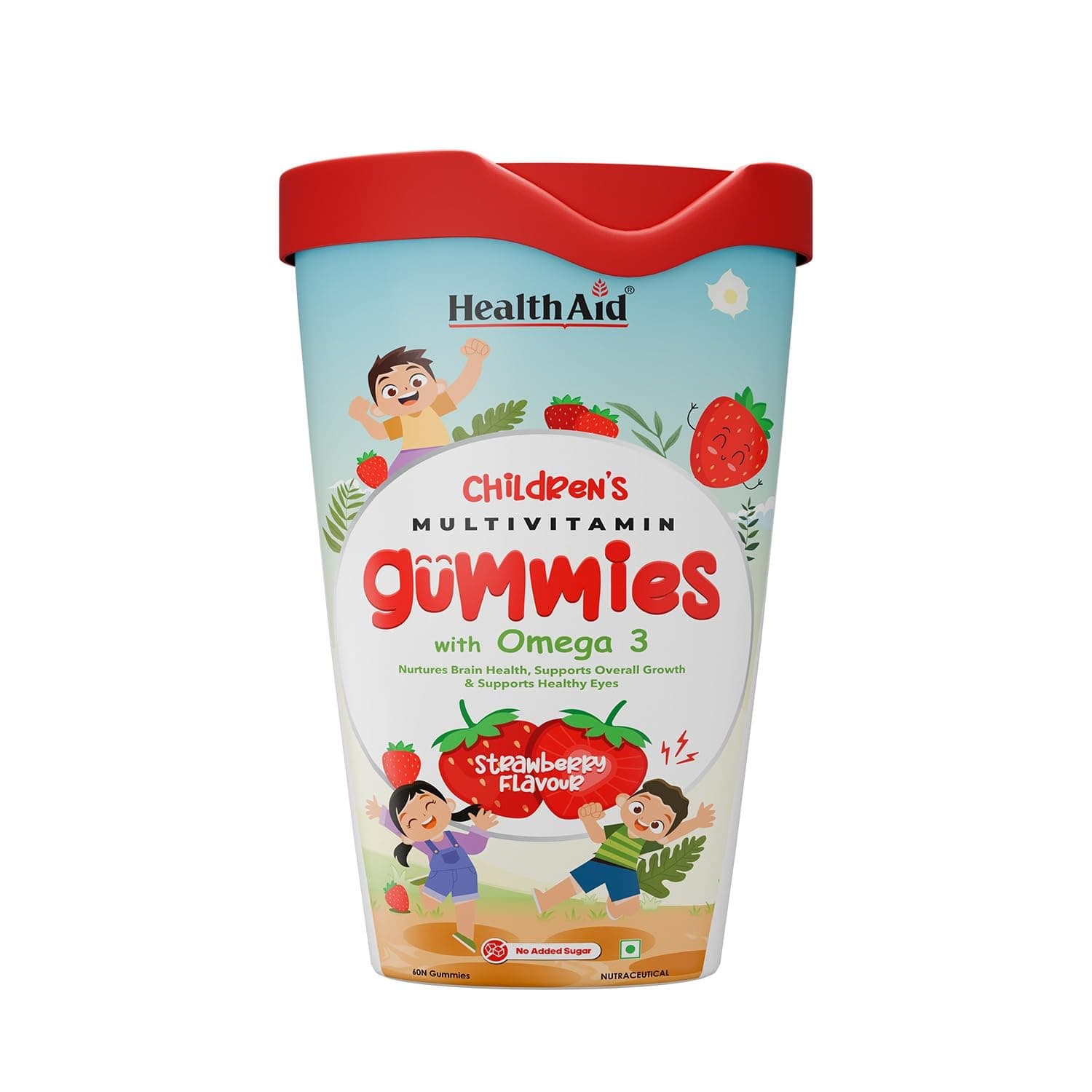 HealthAId Children's Multivitamin Gummies - Sugar-Free Fiber & Omega 3 | Supports Brain & Eye Health, Immunity, Digestion, Daily Wellness | 24 Essential Nutrients with Iron, Vitamins C, A, B, D | Natural Berry & Strawberry Flavor | Dairy & Soy Free - 60 Gummies