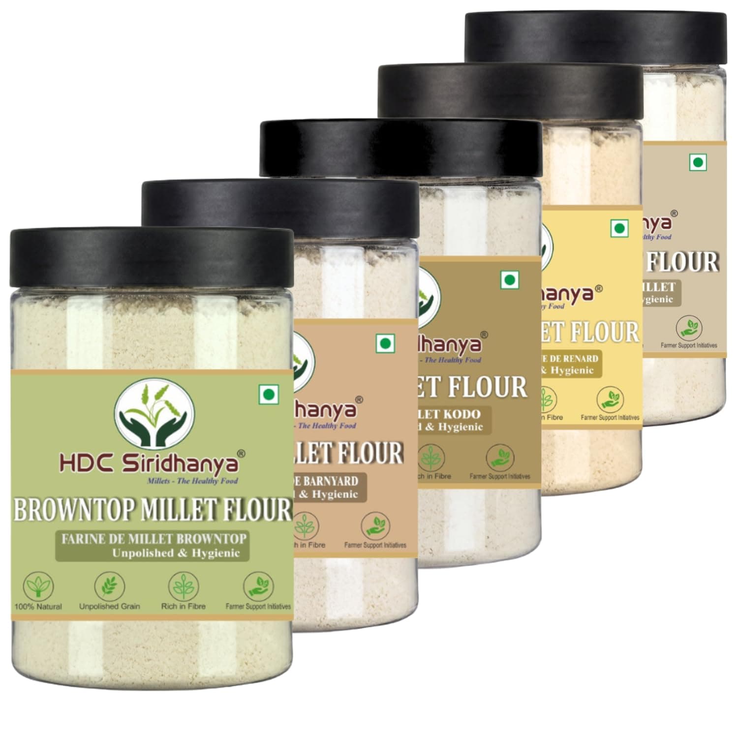 HDC Siridhanya Unpolised five positive millets Flour Combo Pack of 5, [Kodo, Foxtail, Browntop Barnyard, and Little Millet ] Gwt. 700gm Each (Including Jar) Sourced from Andhra Pradesh