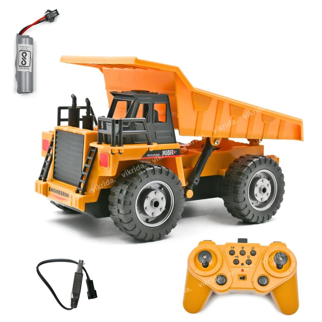 VikriDA 1:18 Remote Control Dump Truck Toy | Durable, Rechargeable & Realistic Truck with Working Dump Bed - Yellow