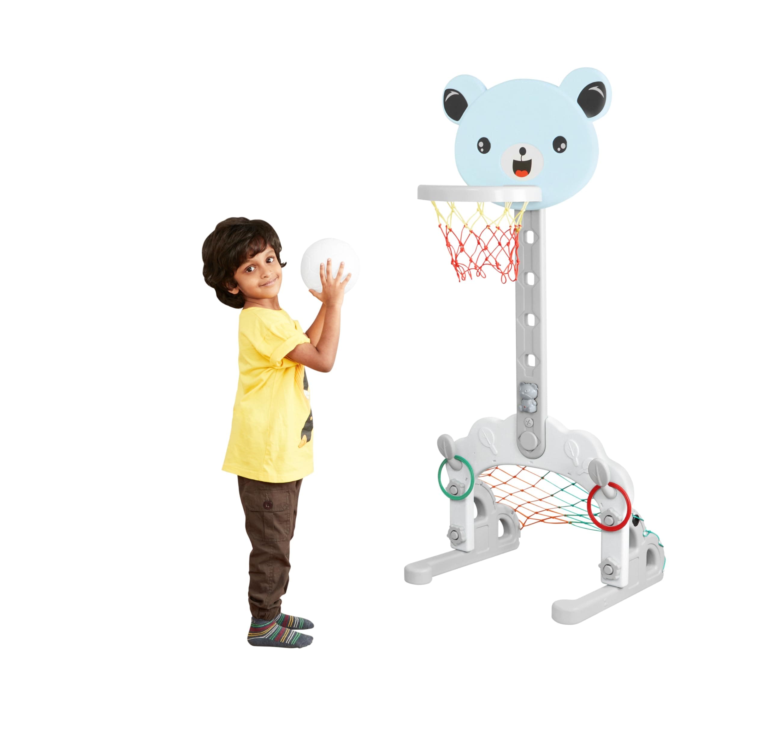 Amazon Brand - Jam & Honey 2 in 1 Basketball/Football Stand Set with Ball | Height Adjustable 98cm to 144cm | Indoor and Outdoor Game | Pefect Birthday Gift for Boys and Girls