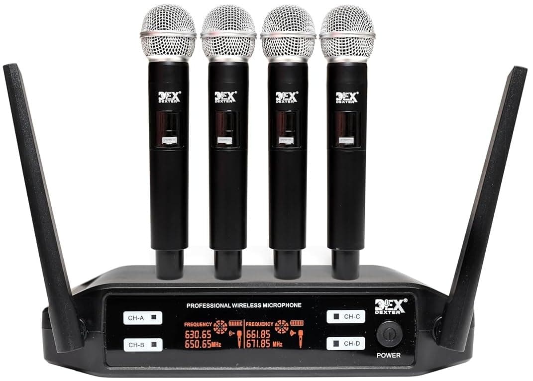 kh Professional 4-Channel Wireless Microphone System with Digital Display, 4 Handheld Mics, Audio and Type-c Cable, for Stage Performance, Karaoke