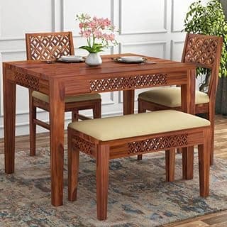 Wood Dining Table 4 Seater Set || Dining Room Furniture || Dining Table Set || Dining Table with Chair Set || Wooden 4 Seater Dining Table with 2 Chairs & 1 Bench for Home Living Room || Honey Finish