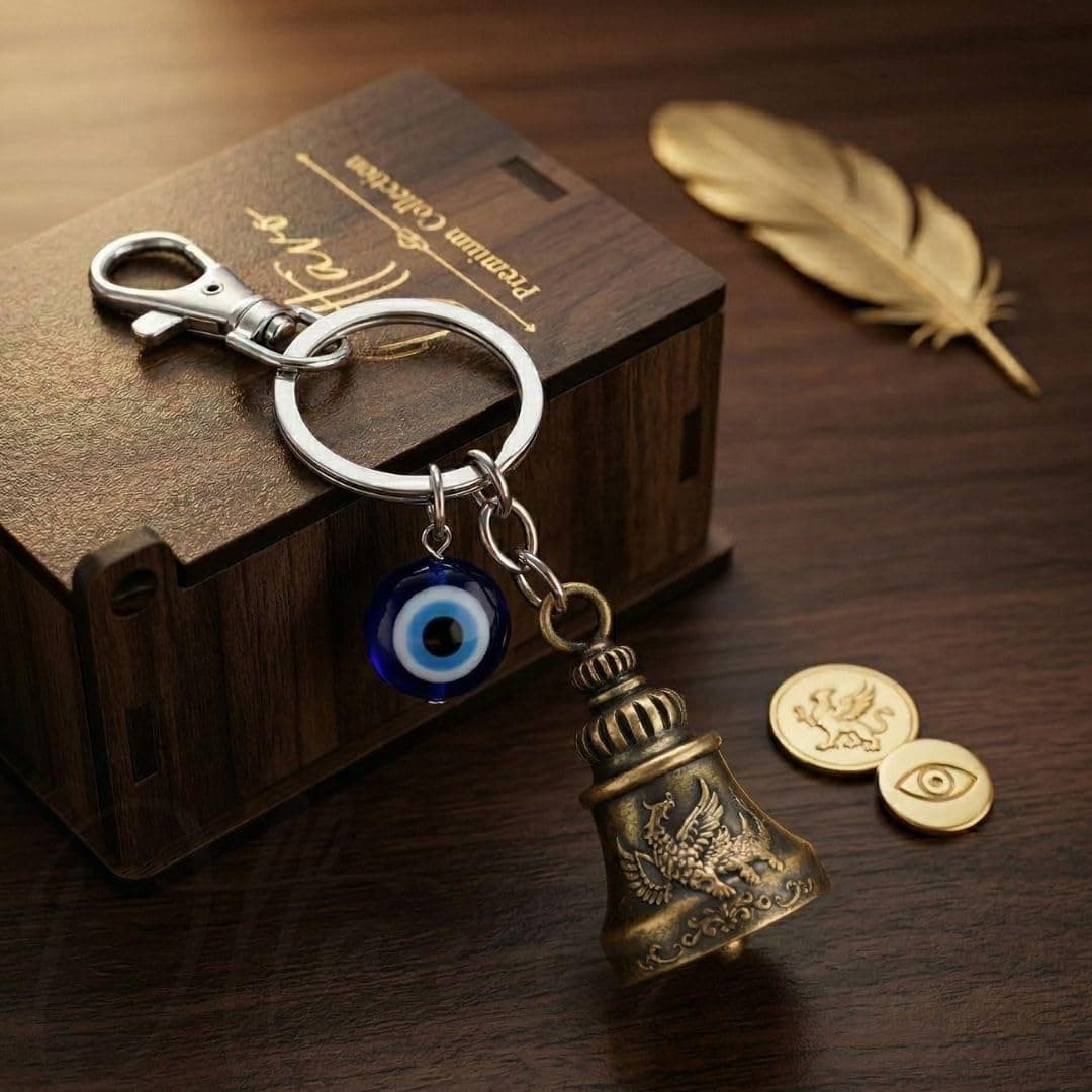 OTTAVO Premium Guardian Bell Keychain for Bike & Car | Tibetan Texture Bell Keychain with Evil Eye & Silver Hook | Good Luck Charm with Laser-Engraved Wooden Gift Box