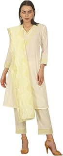 W for Woman White Thread Embroidered Textured Cotton A-line Kurta, Straight Pants and Dupatta Set