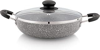 Amazon Solimo Non-Stick Kadai with Glass Lid | Granite Finish | Induction Base | PFOA Free | High Temperature Resistant Exterior Coating | 22 cm | Grey